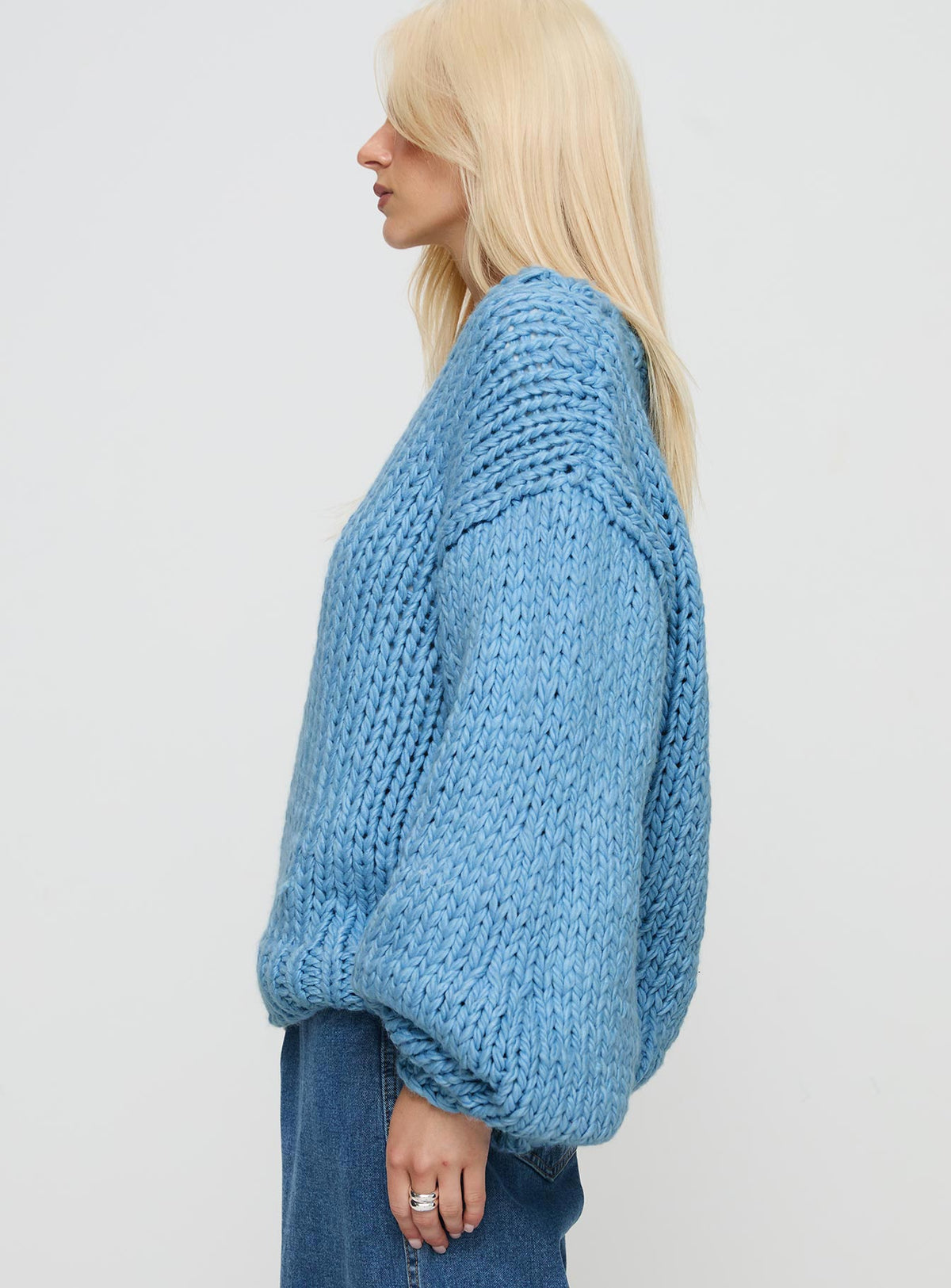 back view of model wearing Princess Polly Arrowtown Hand Knit Sweater Blue Longline Jumpers Jumpers 