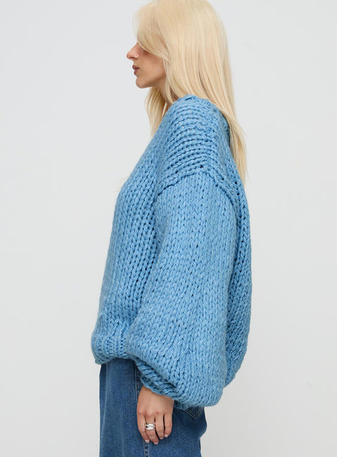 back view of model wearing Princess Polly Arrowtown Hand Knit Sweater Blue Longline Jumpers Jumpers 