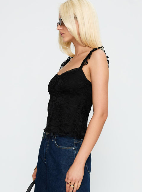 side view of model wearing Princess Polly Madaleine Lace Top Black Sleeveless Scoop Neck 
