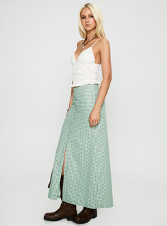   side view of model wearing Princess Polly Macadamia Maxi Skirt Green / White Maxi Skirts Skirts 
