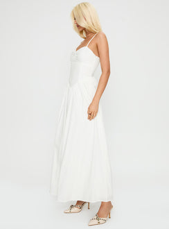 side view of model wearing Princess Polly Ceremonious Maxi Dress White Sweetheart Neckline 
