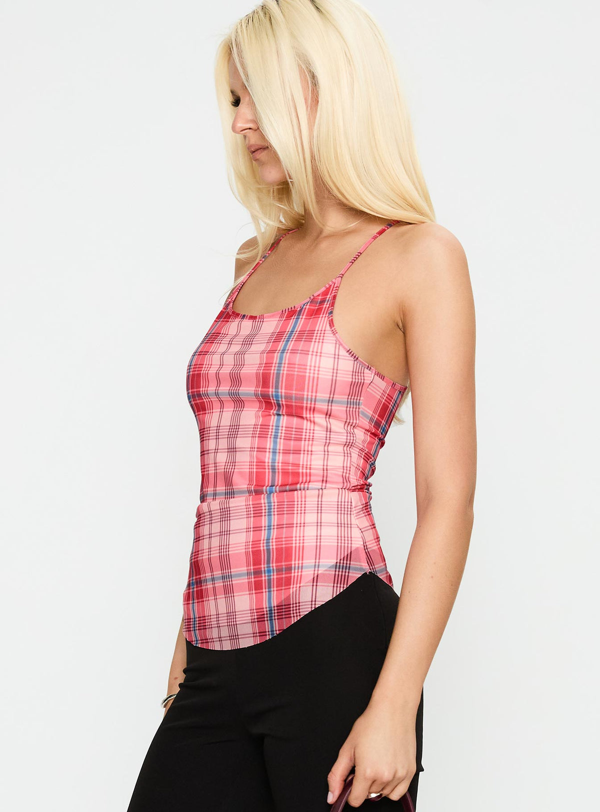 side view of model wearing Princess Polly Keep Talking Top Red Check Sleeveless Scoop Neck 