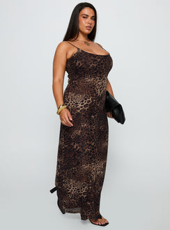 back view of model wearing Princess Polly Knox Maxi Dress Leopard Curve Scoop Neck 