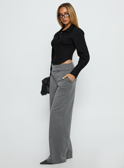 side view of model wearing Princess Polly Jinny Relaxed Buckle Tailored Pants Grey Pinstripe Low Rise Pants Pants 