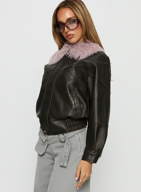 Brittanni Fluffy Collar Jacket Brown / Pink