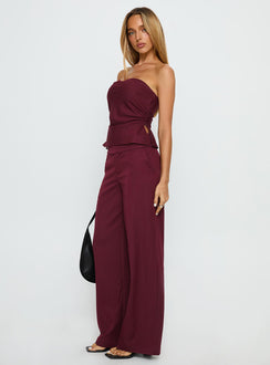 side view of model wearing Princess Polly Jinny Relaxed Buckle Tailored Pants Berry Pinstripe Low Rise Pants Pants 