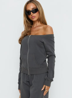 Introducing the Airazo Off Shoulder Zip Through Jumper Grey womens-jumpers with short length and oversized fit side view of model wearing