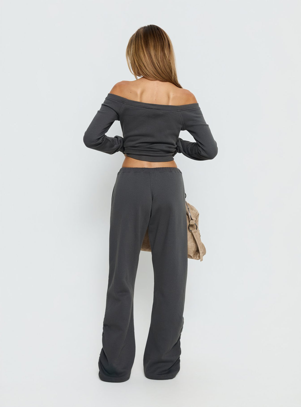 Styled Rylan Low Rise Joggers Grey womens-regular-pants with low-rise waist back view of model wearing