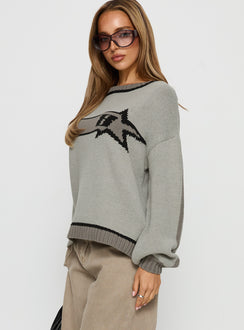 side view of model wearing Princess Polly Star Track Graphic Jumper Grey Longline Jumpers Jumpers 