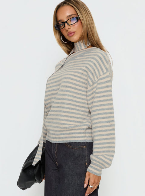 side view of model wearing Princess Polly Ruthi Scarf Off Shoulder Knit Sweater Neutral Stripe Jumpers 