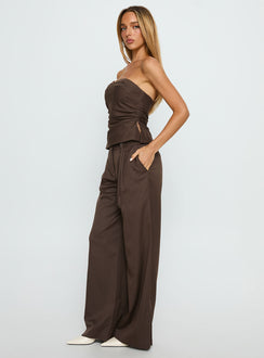 side view of model wearing Princess Polly Natilee Relaxed Tailored Pants Brown Pinstripe Low Rise Pants Pants 