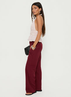 side view of model wearing Princess Polly Good Riddance Pleat Tie Slouch Pants Burgundy Mid Rise Pants Pants 