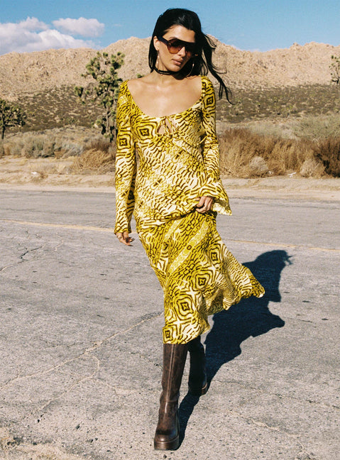 side view of model wearing Princess Polly Setting Sun Long Sleeve Maxi Dress Yellow / Black Scoop Neck 