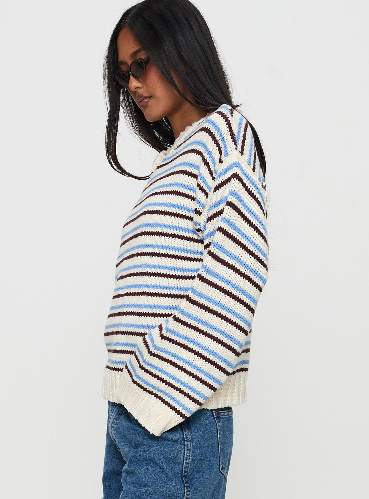 side view of model wearing Princess Polly Karolyn Sweater Blue Stripe Longline Jumpers Jumpers 