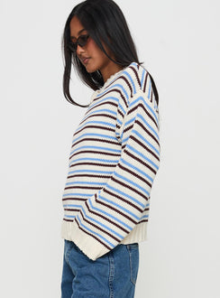 side view of model wearing Princess Polly Karolyn Sweater Blue Stripe Longline Jumpers Jumpers 