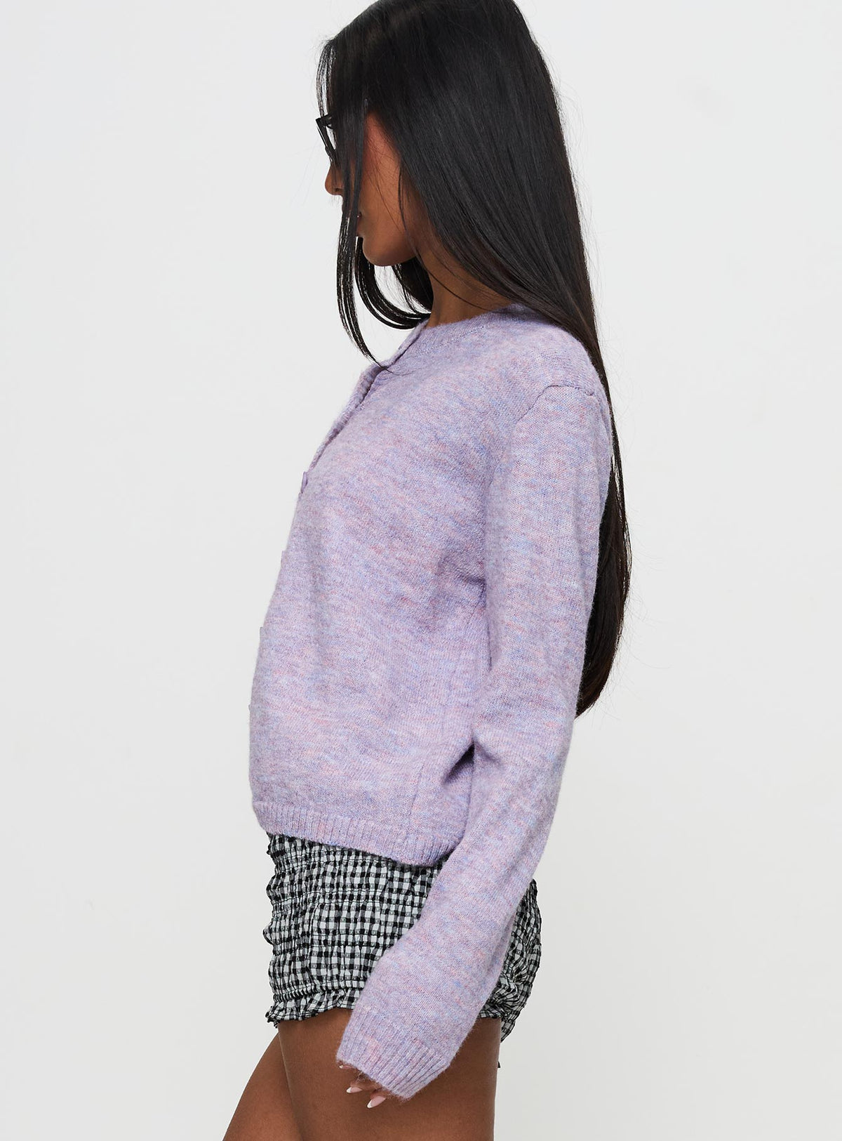 side view of model wearing Princess Polly Denmark Cardigan Lilac Cropped Jumpers Jumpers 