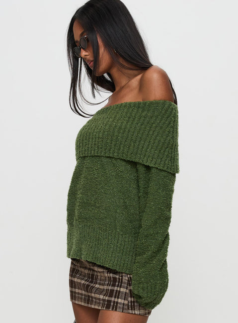 side view of model wearing Princess Polly Parkley Boucle Off The Shoulder Sweater Olive Longline Jumpers Jumpers 