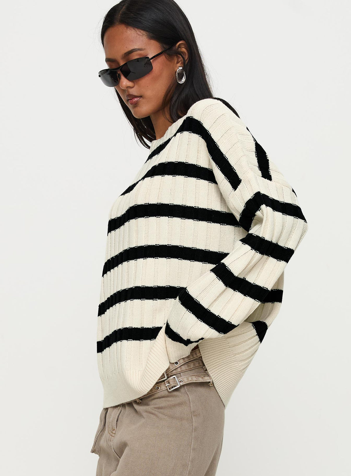 side view of model wearing Princess Polly Elenita Wide Neck Knit Sweater Black / White Longline Jumpers Jumpers 