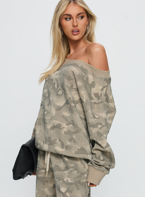 side view of model wearing Princess Polly Wellness Off The Shoulder Jumper Washed Camo Jumpers 