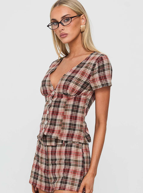 Odera Button Up Blouse Top Red Check