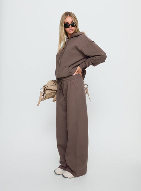 side view of model wearing Princess Polly All Day Straight Leg Sweatpants Mocha Mid Rise Pants Pants 