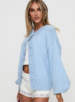 side view of model wearing Princess Polly Edern Cardigan Blue cropped Jumpers 