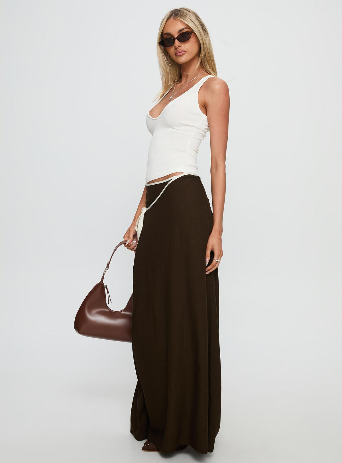   side view of model wearing Princess Polly Keirah Contrast Wrap Maxi Skirt Chocolate / White Maxi Skirts Skirts 