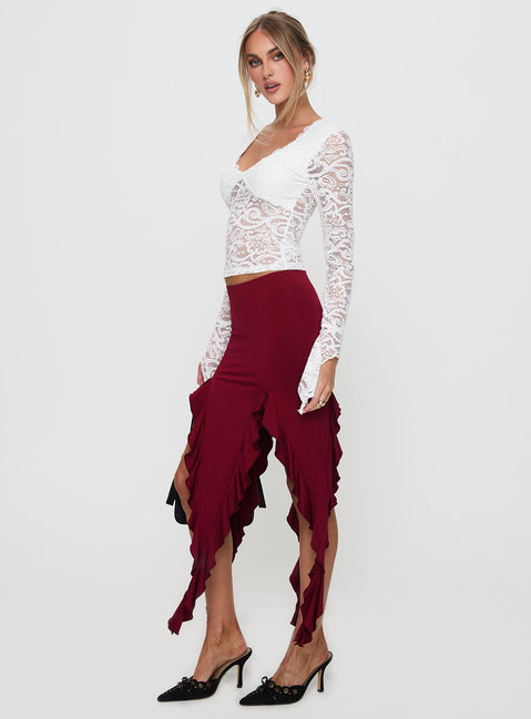   side view of model wearing Princess Polly Peachey Asymmetric Ruffle Midi Skirt Burgundy Midi Skirts Skirts 
