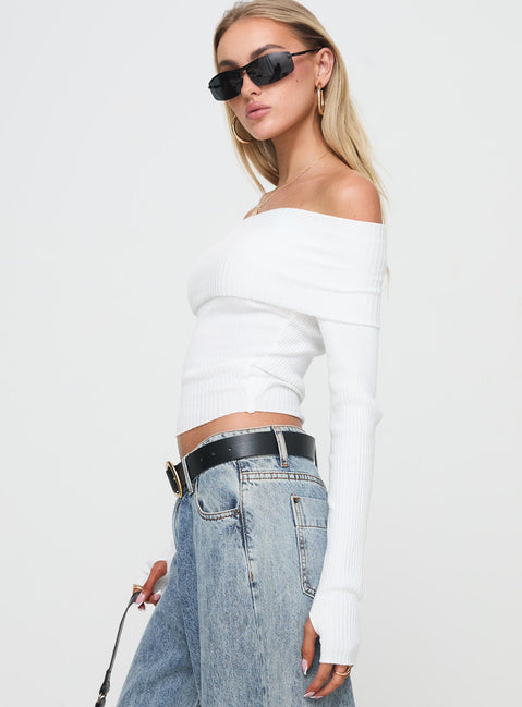 side view of model wearing Princess Polly Morley Off Shoulder Sweater White cropped Jumpers 