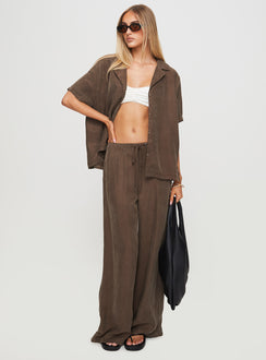 side view of model wearing Princess Polly Mahlab Pants Chocoloate High Rise Pants Pants 