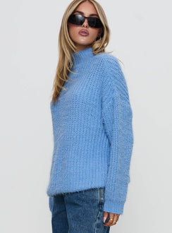 side view of model wearing Princess Polly Gavelston Crew Neck Waffle Sweater Blue Longline Jumpers Jumpers 