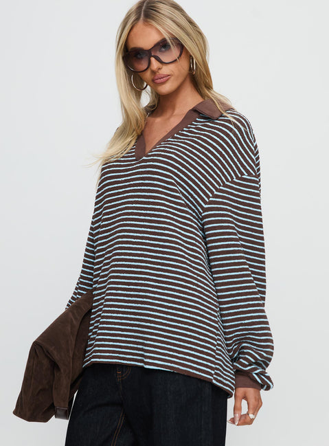 side view of model wearing Princess Polly Rigbys Collared Jumper Brown / Blue Stripe Longline Jumpers Jumpers 