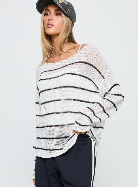 back view of model wearing Princess Polly Alperton Knit Sweater Cream Stripe Longline Jumpers Jumpers 