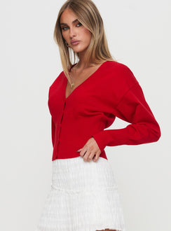 side view of model wearing Princess Polly Wistfully Knit Cardigan Red Jumpers 