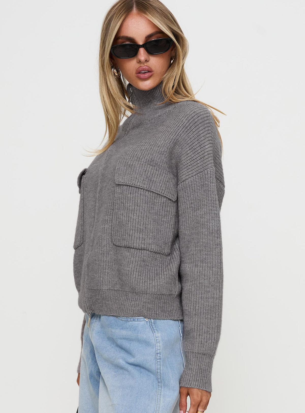 side view of model wearing Princess Polly Too Busy Zip Up Sweater Grey Cropped Jumpers Jumpers 