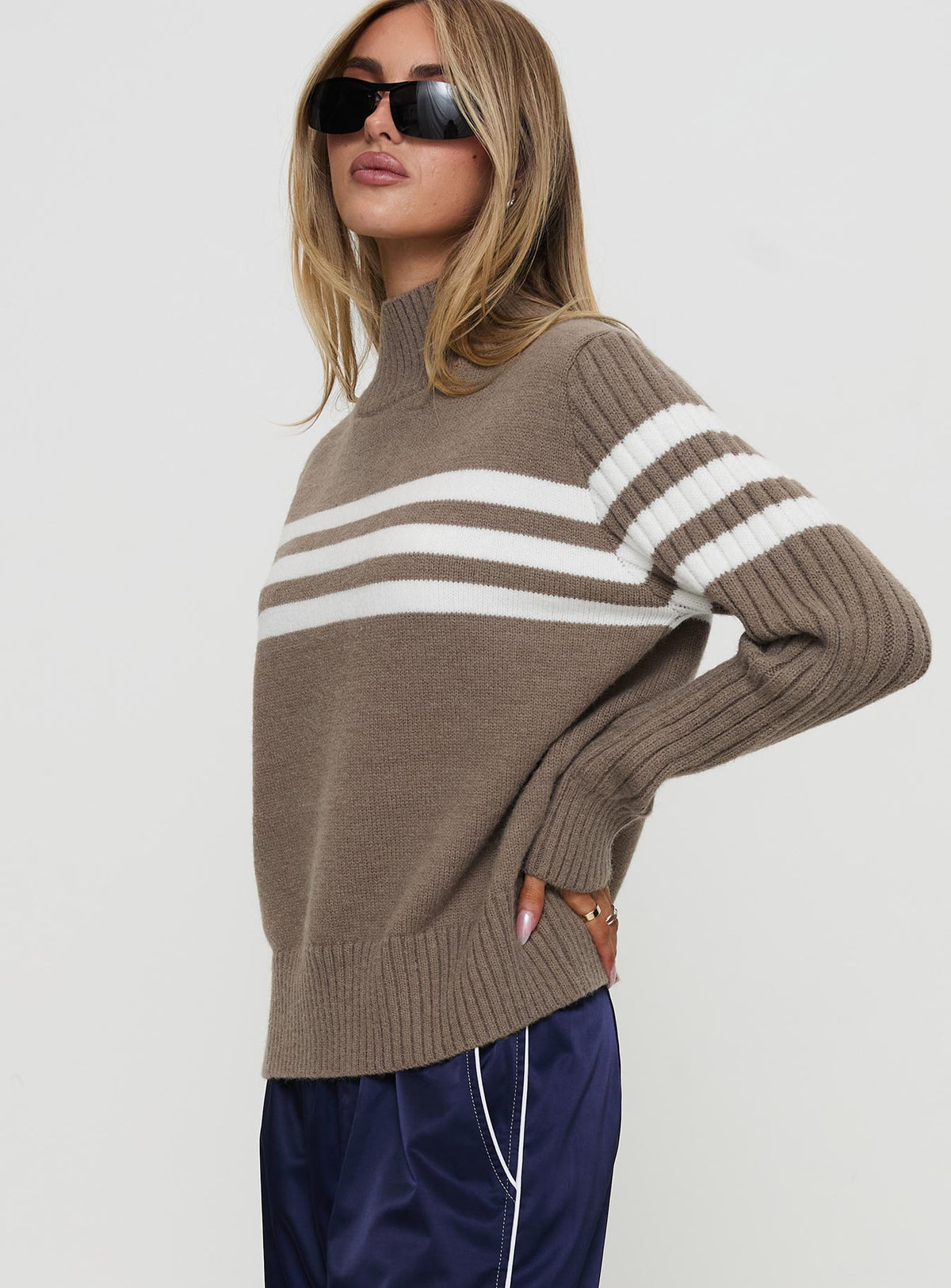 side view of model wearing Princess Polly Bessemer Funnel Neck Knit Sweater Mocha Stripe Longline Jumpers Jumpers 