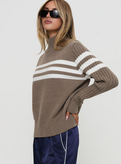 side view of model wearing Princess Polly Bessemer Funnel Neck Knit Sweater Mocha Stripe Longline Jumpers Jumpers 