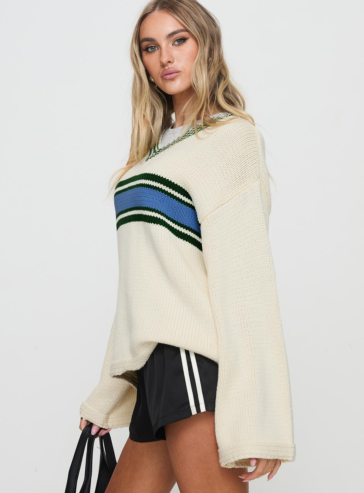 side view of model wearing Princess Polly Old Sport Knit Sweater Multi Longline Jumpers Jumpers 