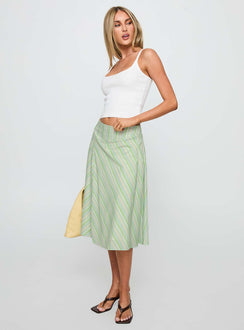   side view of model wearing Princess Polly Vettie Midi Skirt Green Multi Midi Skirts Skirts 