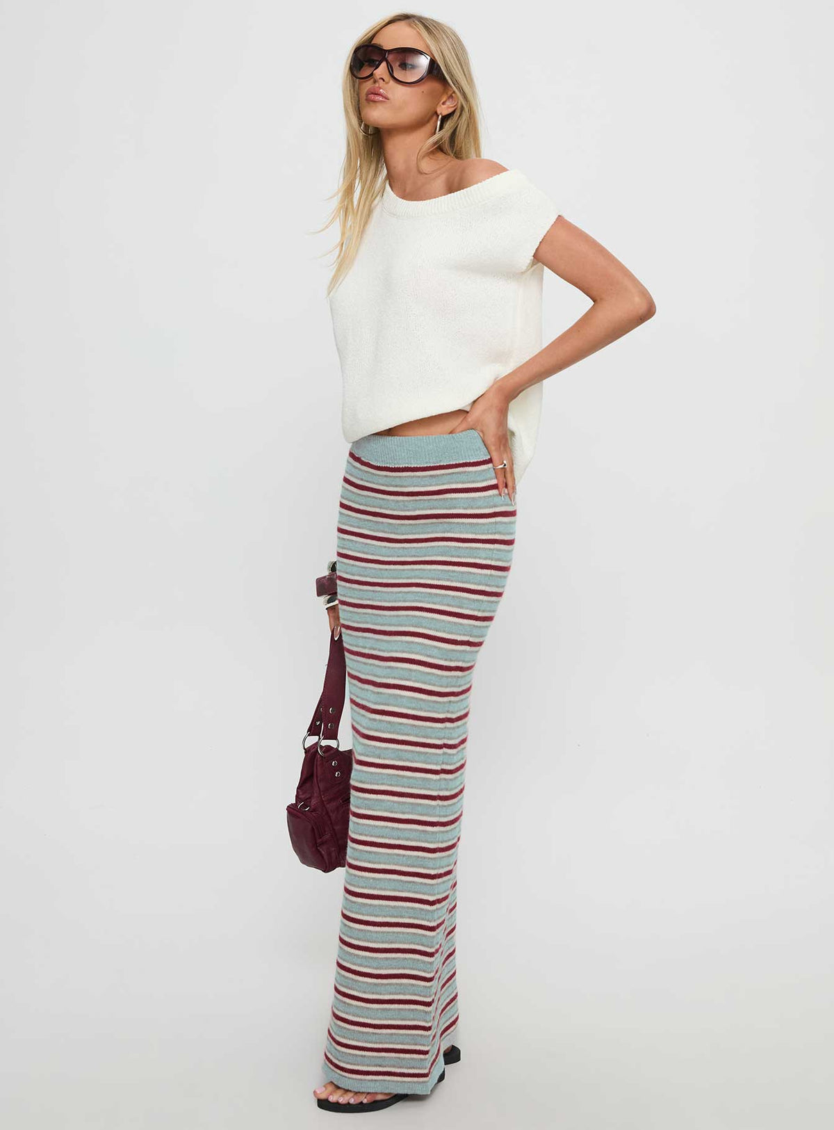   side view of model wearing Princess Polly On Air Knit Maxi Skirt Multi Stripe Skirts 