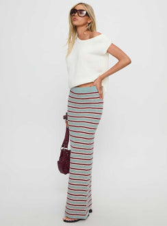   side view of model wearing Princess Polly On Air Knit Maxi Skirt Multi Stripe Skirts 