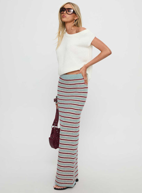   side view of model wearing Princess Polly On Air Knit Maxi Skirt Multi Stripe Skirts 