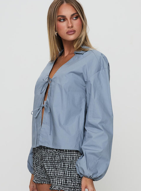 side view of model wearing Princess Polly Rinon Long Sleeve Top Steel Full Sleeves V-Neck 