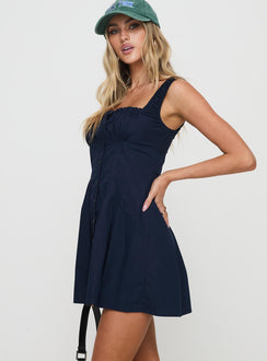 side view of model wearing Princess Polly Wait For You Mini Dress Navy Tall Square Neck 