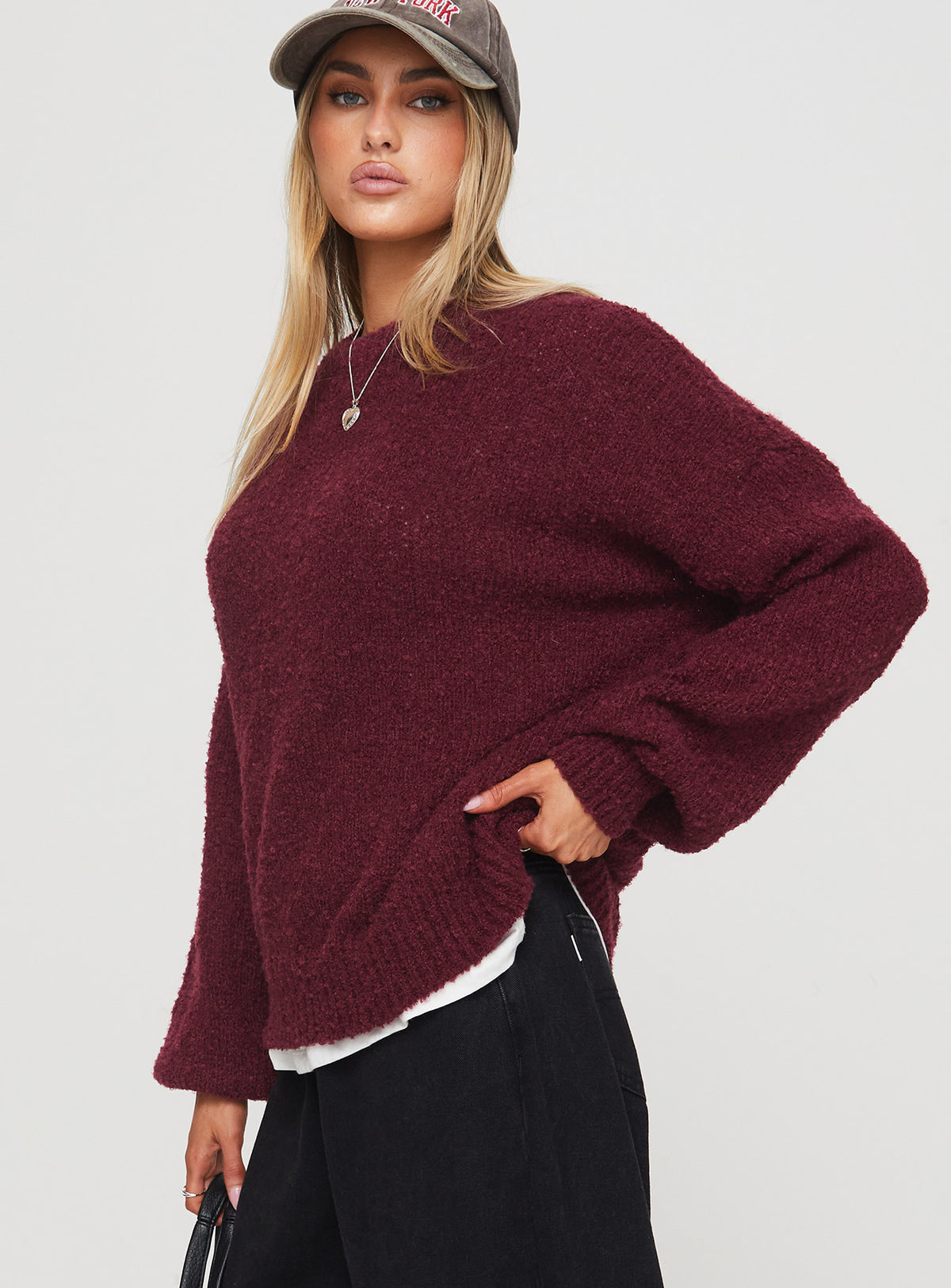 side view of model wearing Princess Polly Niomie Knit Sweater Burgundy Longline Jumpers Jumpers 
