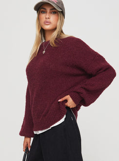 side view of model wearing Princess Polly Niomie Knit Sweater Burgundy Longline Jumpers Jumpers 