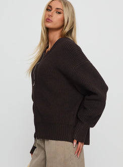 side view of model wearing Princess Polly Lexene Zip Through Jumper Chocolate Longline Jumpers Jumpers 