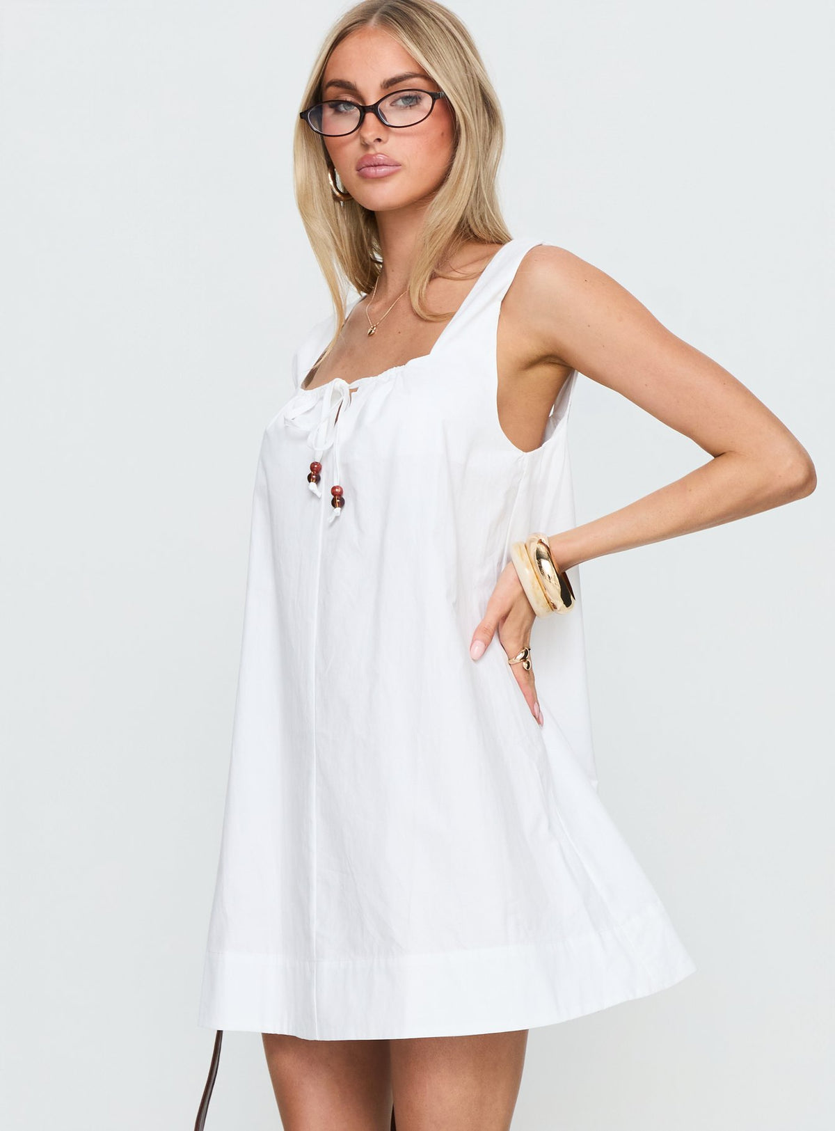 Barbel Square Neck Tie Detail Mini Dress White