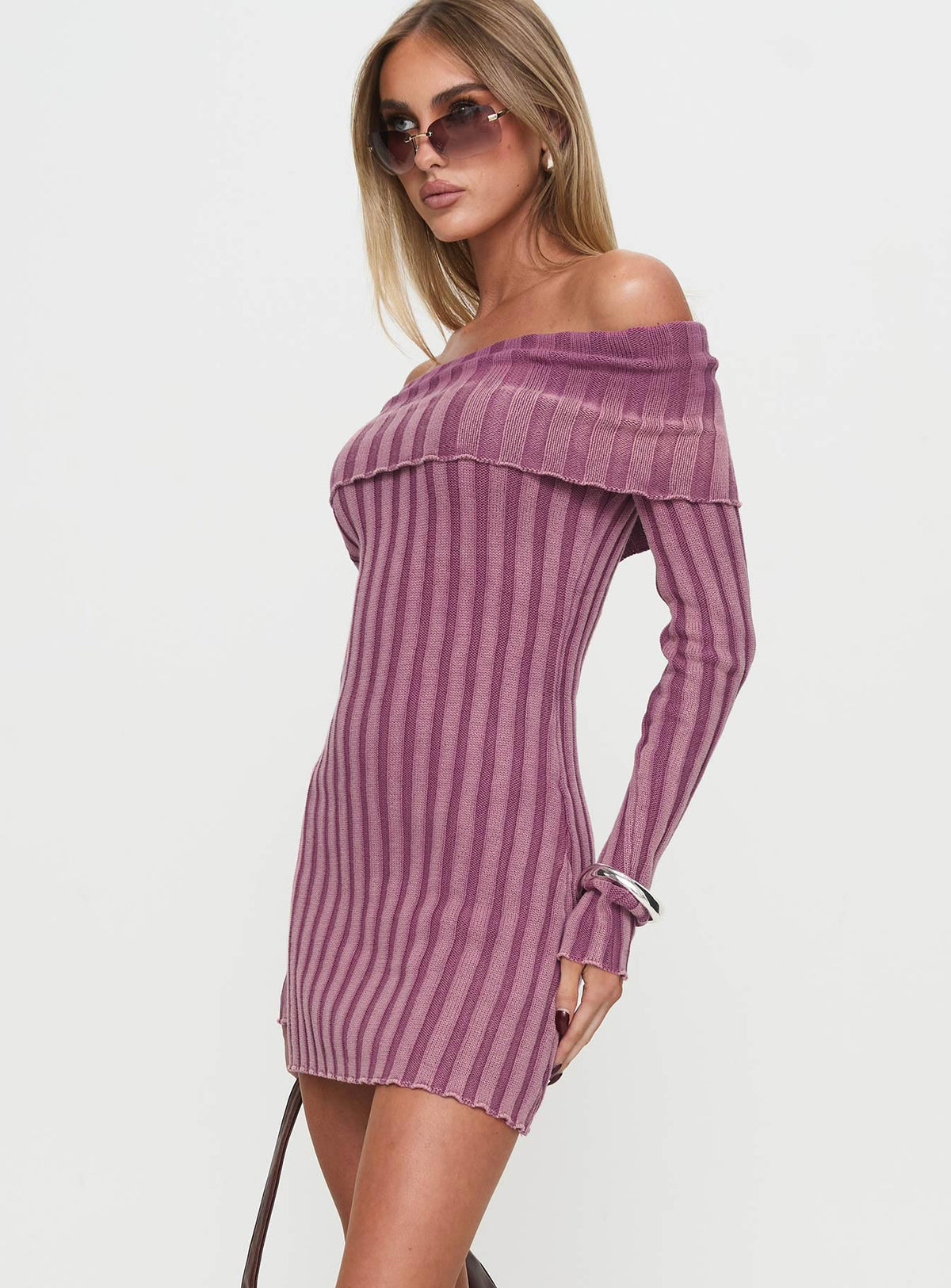 side view of model wearing Princess Polly Kalesie Long Sleeve Rib Mini Dress Pink Straight Neck 