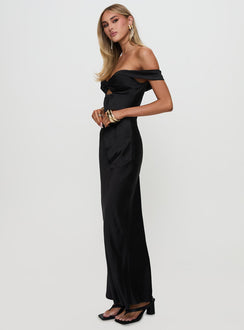 side view of model wearing Princess Polly Rava Off The Shoulder Maxi Dress Black Sweetheart Neckline 